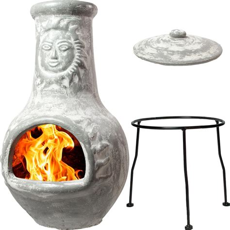 Wiosi Medium Chiminea Outdoor Fireplace Grey Clay Chimineas with ...