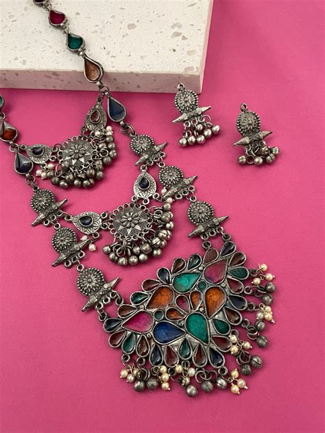 3 Layer Black Polish Oxidized Silver Afghani Choker and Earring Set ...