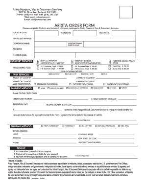 Fillable Online ARISTA ORDER FORM - Arista Visa Fax Email Print - pdfFiller