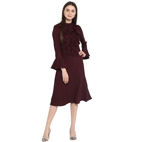 Buy StyleStone Women's Maroon Front Ruffled Bell Sleeve Dress ...