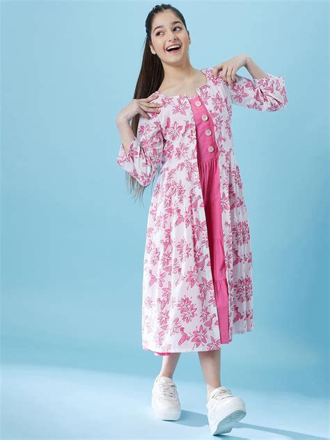 Pspeaches Girls Fit And Flare Tiered Cotton Midi Dress With Shrug (Pink ...