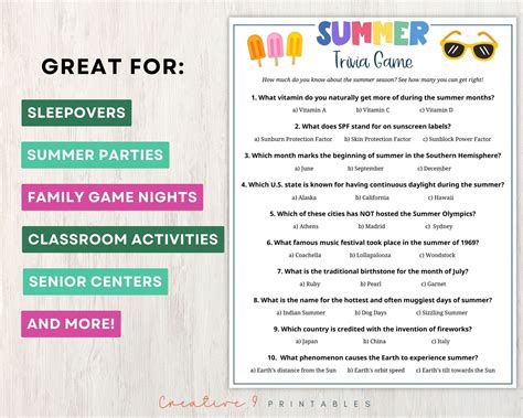 Summer Trivia Printable Game for Kids and Adults, 10 Summertime ...