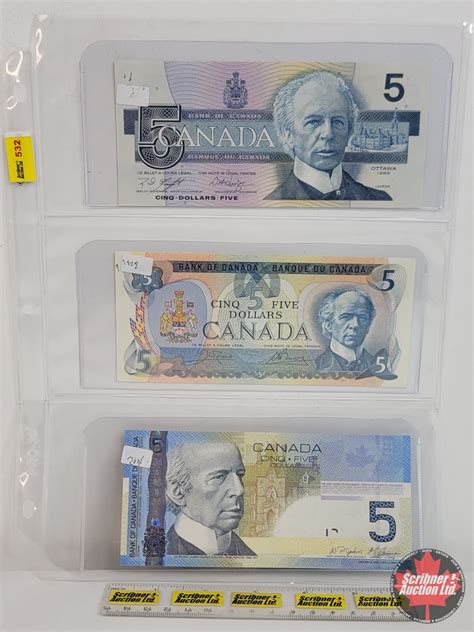 Canada $5 Bills (3) : - 1986 Knight/Dodge #HNB4670579 - 1979 Crow/Bouey ...