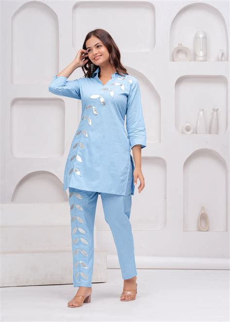 Sky Blue Embellished Cotton Co-Ord Set – globaldesi