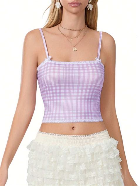Women's Plaid Crop Cami Tops Sleeveless Tiny Bow Front Camisole Lace ...