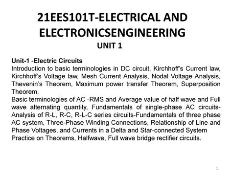 U1 Dept PPT - 21EES101T-ELECTRICAL AND ELECTRONICSENGINEERING UNIT 1 ...