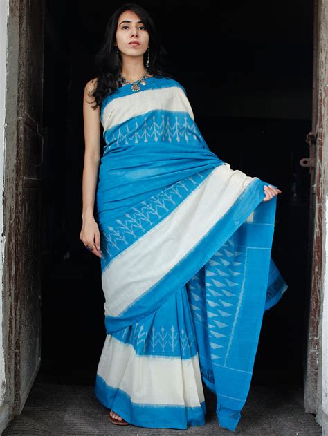 Sky Blue White Ikat Handwoven Mercerised Cotton Saree - S031703535 ...