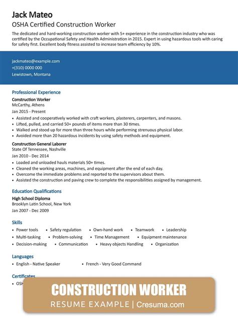 Construction Worker Resume Example & Writing Guide | Cresuma