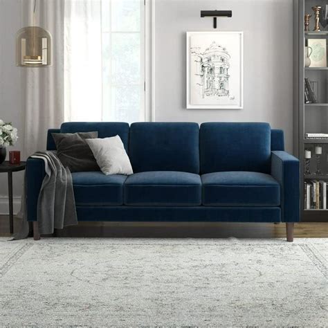 AUTHENTIC MART Cynefin Three Seater Sofa in Blue Velvet (77" W x 31.5 ...