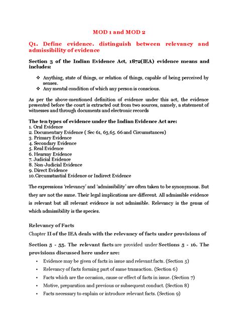 MOD 1 and MOD 2- Final Year Paper - MOD 1 and MOD 2 Q1. Define evidence ...
