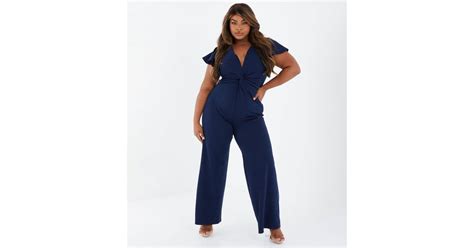 QUIZ Curves Navy Knot Front Wide Leg Jumpsuit | New Look