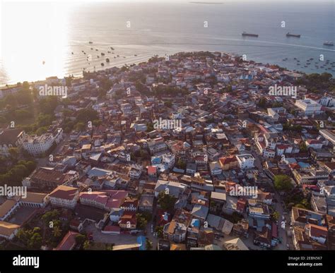 Very High Above Aerial Top View Shot of Stone Town, the Capital of Zanzibar, Tanzania. Sunset ...
