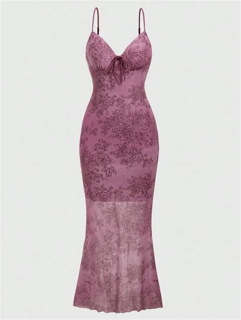 ROMWE Fairycore Bloemenmesh Cheongsam-stijl Fishtail-jurk met mesh ...
