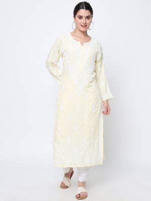 Buy PARAMOUNT CHIKAN Hand Embroidered Modal Yellow Lucknowi Chikankari ...
