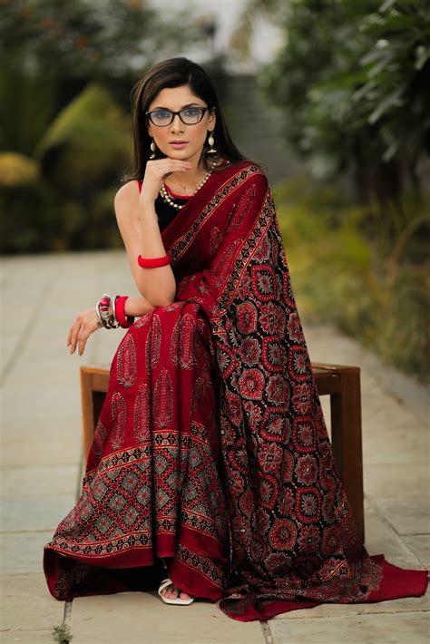 Pure modal silk ajrakh block printed maroon designer saree – Sujatra