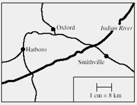 In the given map Scale is 1cm = 8km. Hatboro and Smithville are 24cm ...