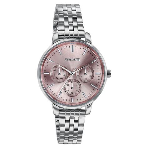 Buy Online Sonata Verve Quartz Multifunction Pink Dial Rose Gold Metal ...