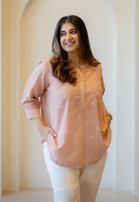 Indian Ethnic Women's Daisy Peach Hand Block Print Slub Cotton A Line ...