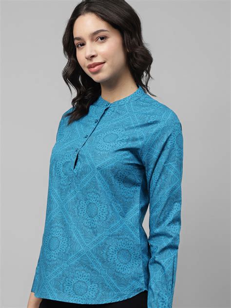 Women, Blue, Floral Printed, Pure Cotton, Mandarin Collar, Regular Fit