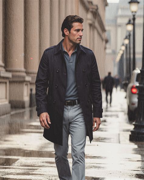 Navy Trench Coat with Slate Blue Polo and Light Grey Trousers | Hockerty