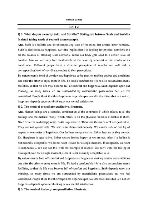 Human Values Unit 2 Notes - Understanding Sukh and Suvidha - Studocu