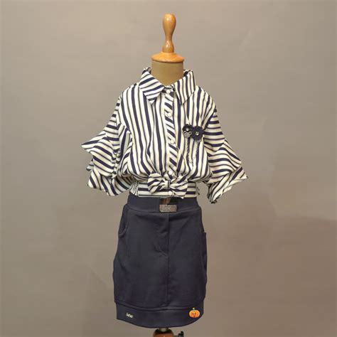 Buy Navy Blue Skirt And lining Print Collar Top For Kids – Mumkins