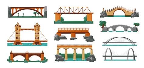 Bridges color icon set structures for different terrain and landscape ...