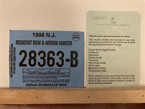 1998 New Jersey Resident Bow & Arrow Hunting License NJ Vtg | eBay