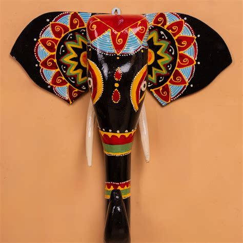 wodden hand painted elephant head with trunk black with red- 15 Inch ...