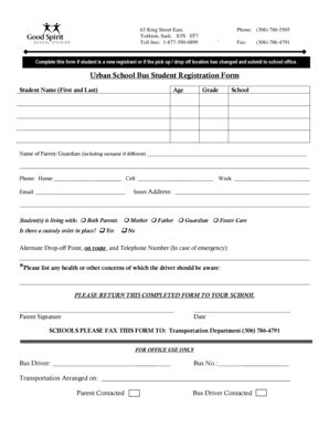 Fillable Online Urban School Bus Student Registration Form Fax Email ...