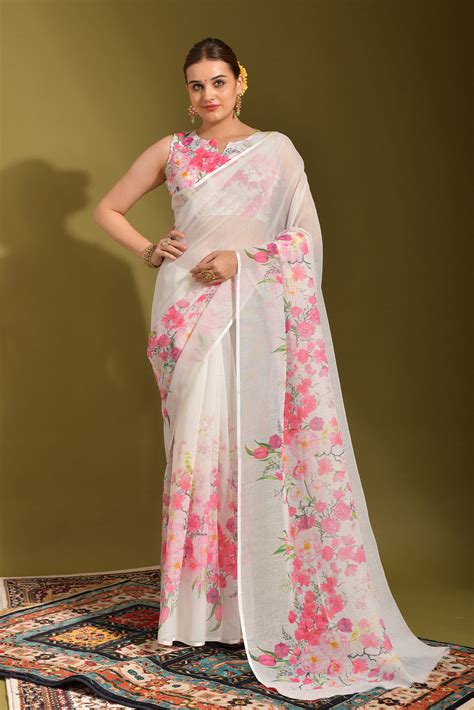 Buy Cavern Pink and White Digital Printed Linen Saree Online - MySilkLove