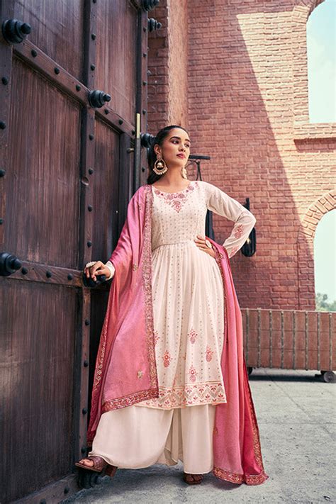 Chiku Georgette Thread And Sequins Embroidered Kurta Palazzo With Dupa ...