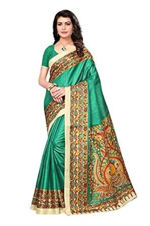 Buy Art Decor Saree Printed Rama Green Cotton Blended Kalamkari Art ...