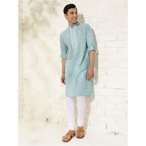 Buy Fabindia Cotton Teal Embroidered Mandarin Neck Roll-Up Sleeves Slim ...