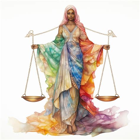 Watercolor African American lady of justice libra zodiac scale wearing muslim rainbow dress ...