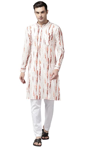 Buy See Designs White Cotton Regular Fit Mandarin Collar Printed Kurta ...