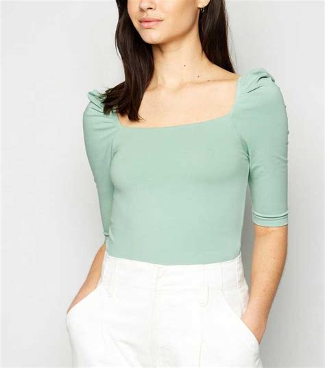 Light Green Square Neck Puff Sleeve Top | New Look