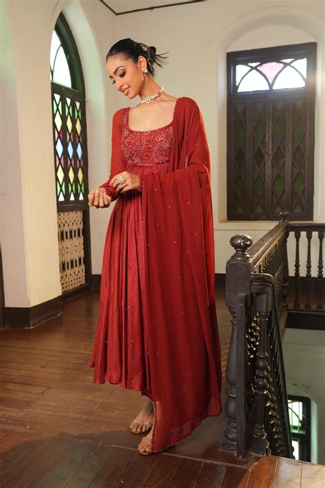 Burnt Rust (Tone On Tone Work) Anarkali With Pants – Enamour by Radhha