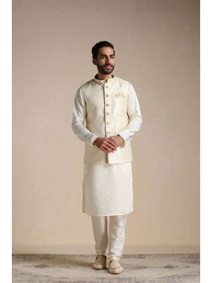 Buy Manyavar Off White Satin & Art Silk Solid Kurta Jacket Pyjama (Set ...