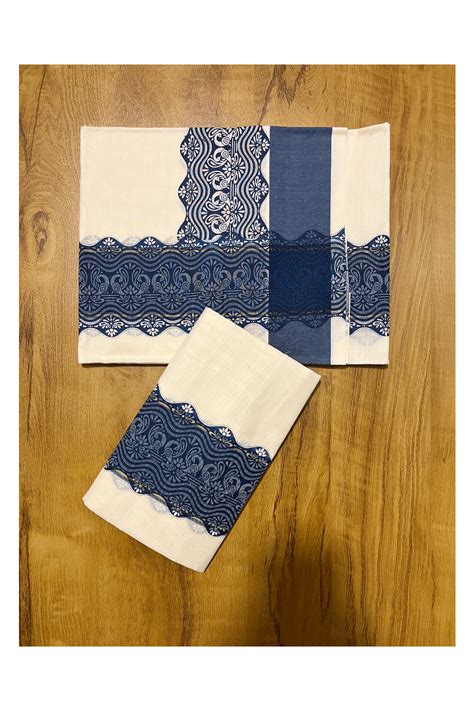 Kerala Cotton Single Set Mundu (Mundum Neriyathum) with Blue Block pri ...