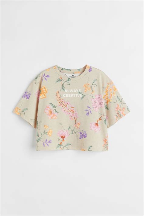 Cropped cotton top - Beige/Floral - Kids | H&M IN