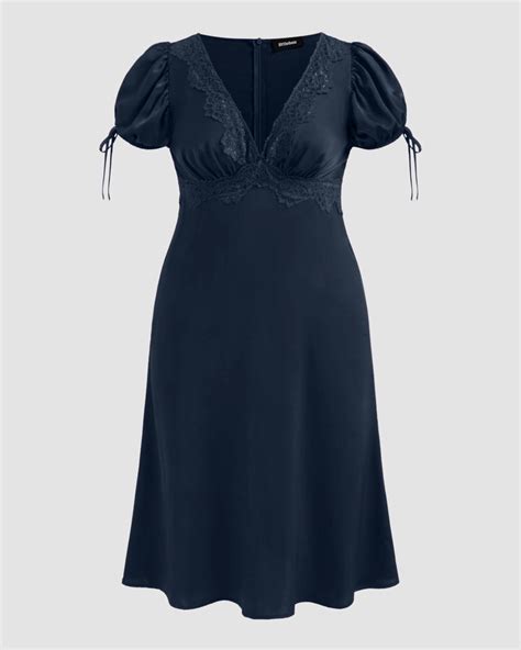 V-neck Lace Puff Sleeve Knotted Maxi Dress Curve & Plus in Navy Blue ...