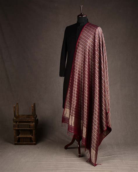 Burgundy Gold & Silver Zari Houndstooth Brocade Handwoven Silk Wool Dr