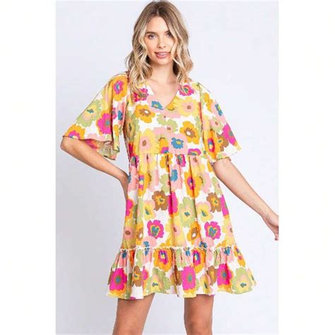 GeeGee Full Size Floral V-Neck Ruffle Trim Mini Dress | SHEIN USA