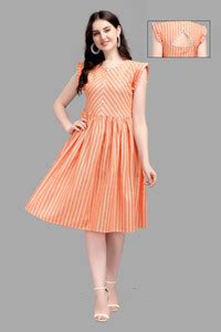 Kinjo Women Fit and Flare Orange, White Dress - Buy Kinjo Women Fit and ...