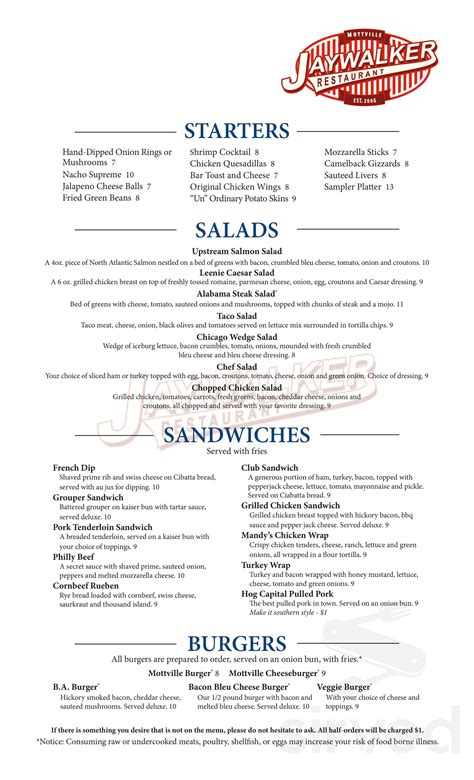 Menu for Jaywalker Restaurant in White Pigeon, MI | Sirved