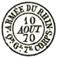 Timbre à date au type 15 avec mention : ARMEE DU RHIN Qr Gl numéro CORPS