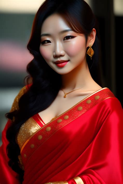 Lexica - Japanese babe anri okita wearing a transparent red saree and not wearing any blouse