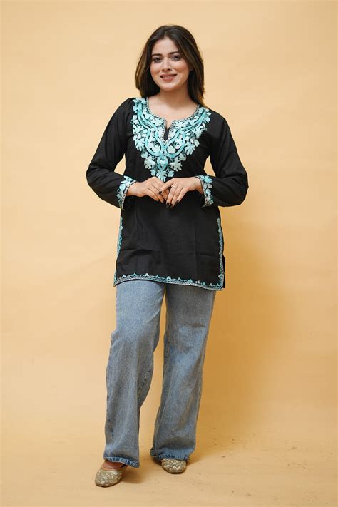 Black cotton aari work kurti with multicoloured neckline embroidery