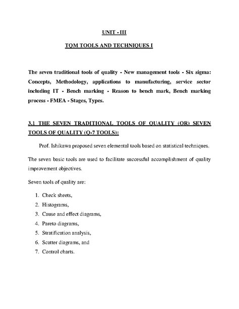 TQM Notes UNIT-III - UNIT - III TQM TOOLS AND TECHNIQUES I The seven ...